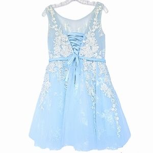 Lamya - Light Blue Women's Fairytale Cocktail Dress Elegant Chiffon White Decals